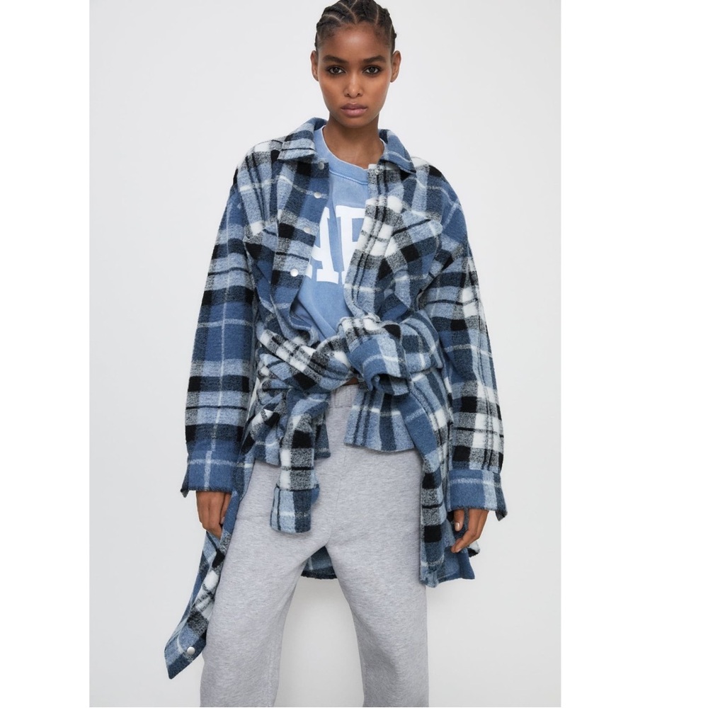 ZARA Blue Plaid Wool Blend Shacket Oversized Snap Button Jacket S - Picture 13 of 16